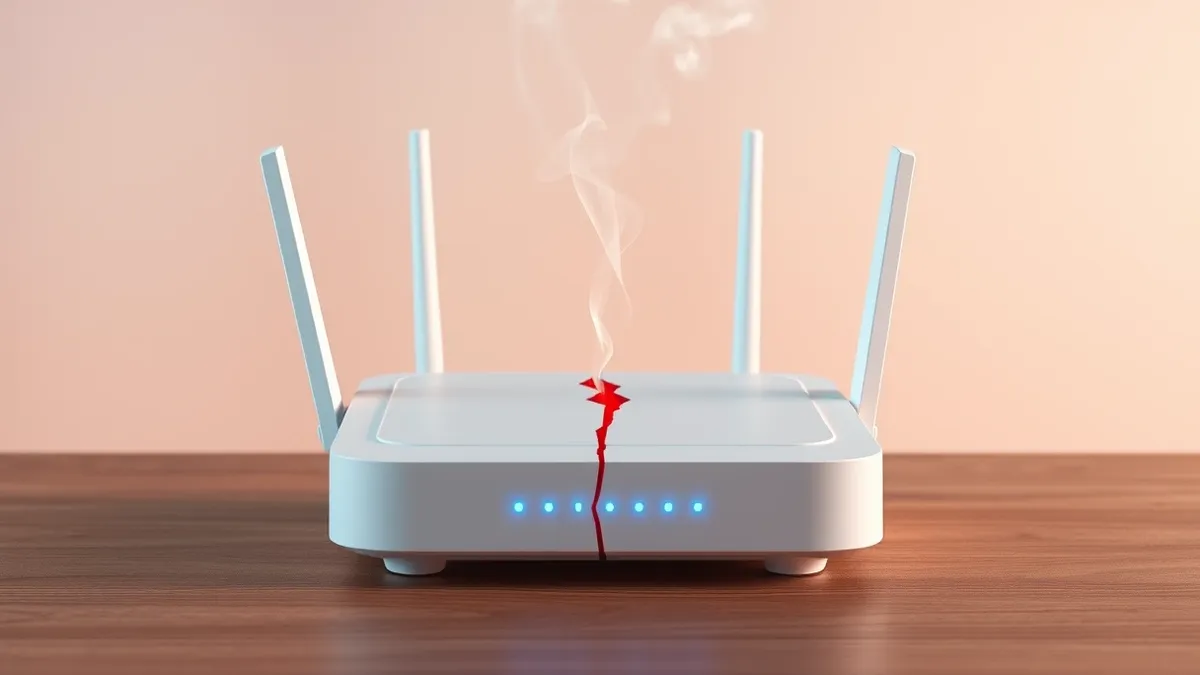 Illustration: A small white wireless router sits on a wooden table with its status lights glowing blue.