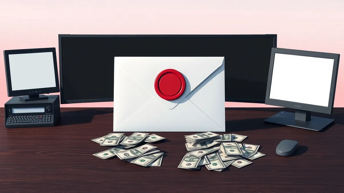 Illustration: A blank white envelope with a large red seal sits on a dark wooden desk.