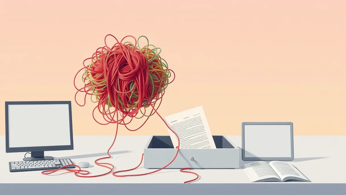 Illustration: A tangled bundle of colored threads represents the git version control system.