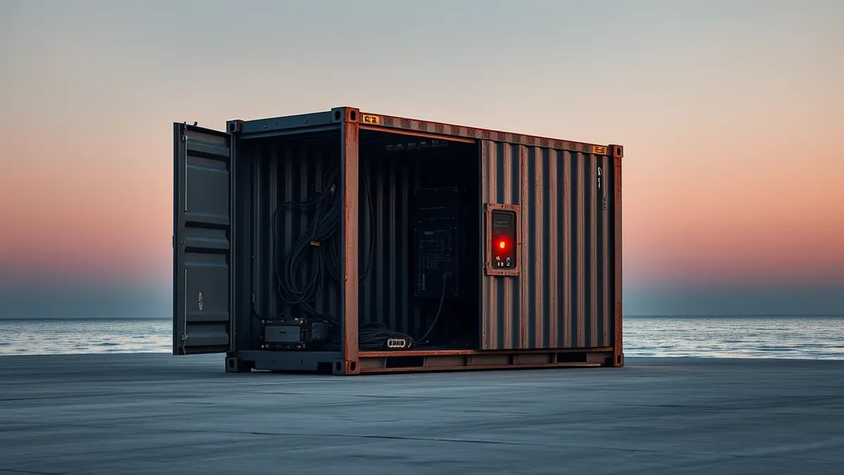 Illustration: A rugged steel shipping container sits isolated on a concrete dock, its side panel pried open to reveal tangled server cables and exposed hardware ports.