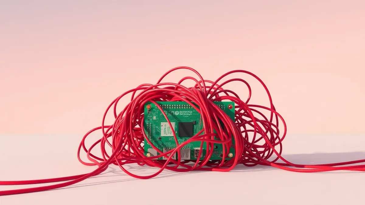 Illustration: A tangled knot of tangled red wires chokes a small green circuit board, snatching the last available ports.