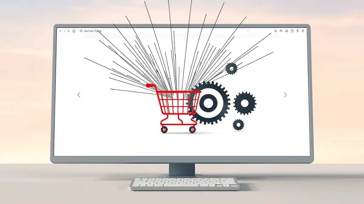 Illustration: A generic web browser window displays a blank white page with a single red shopping cart icon floating in the center.