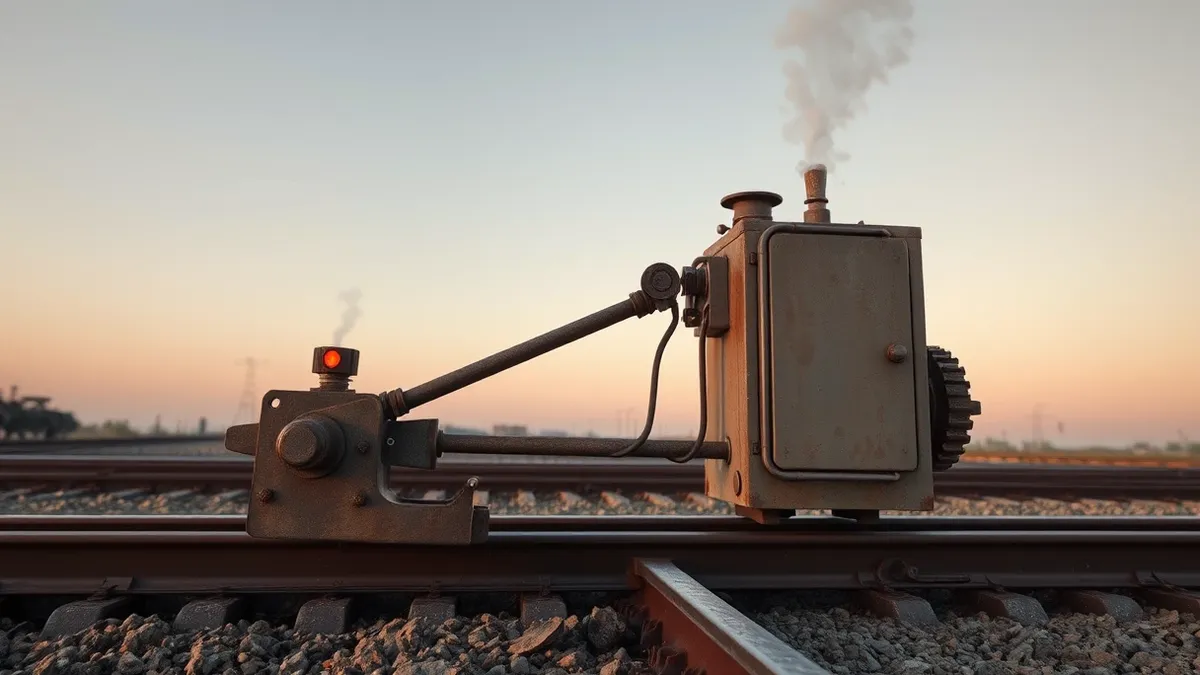 Illustration: A rusted railway switch lever jerks violently on muddy tracks.