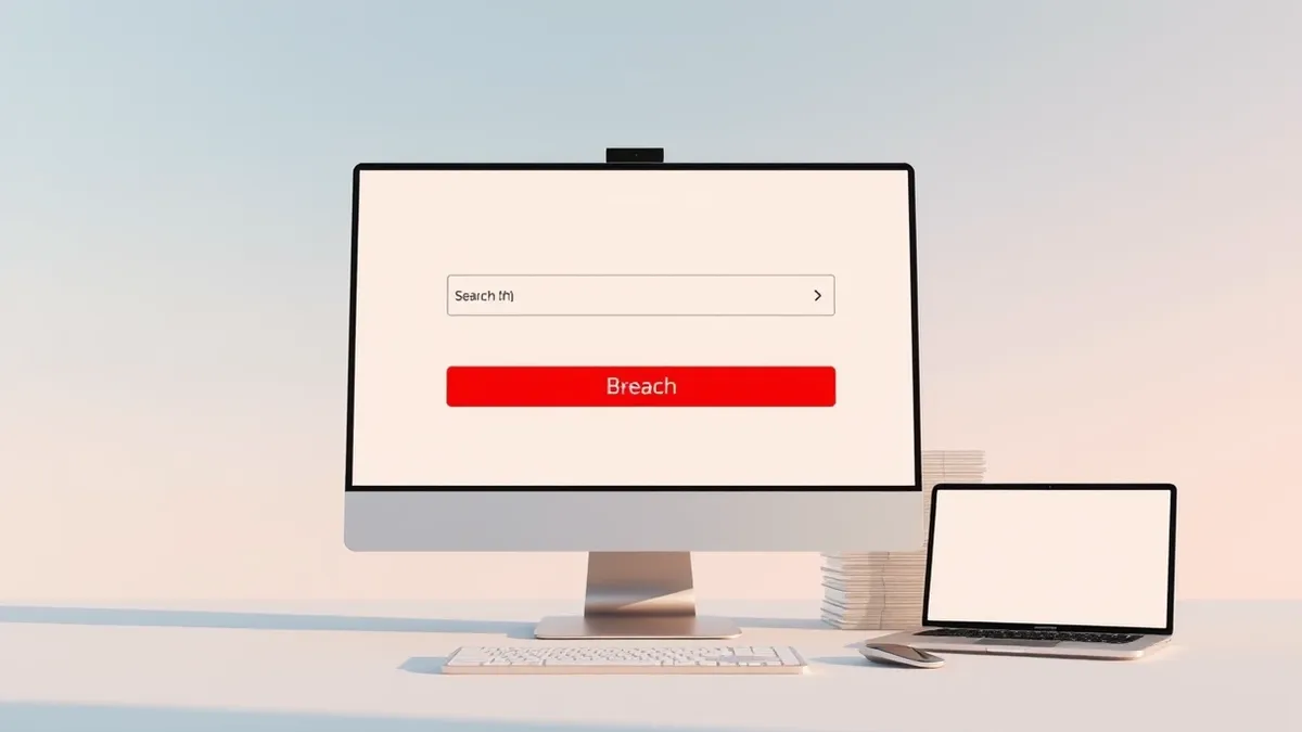Illustration: A computer monitor displays a search interface with a blank input field and a single red button.