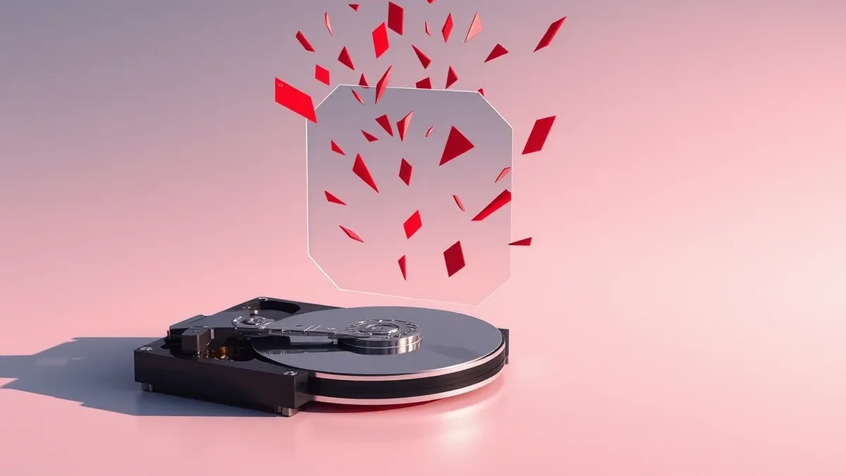 Illustration: A transparent geometric shield hovers directly above a spinning hard drive platter.