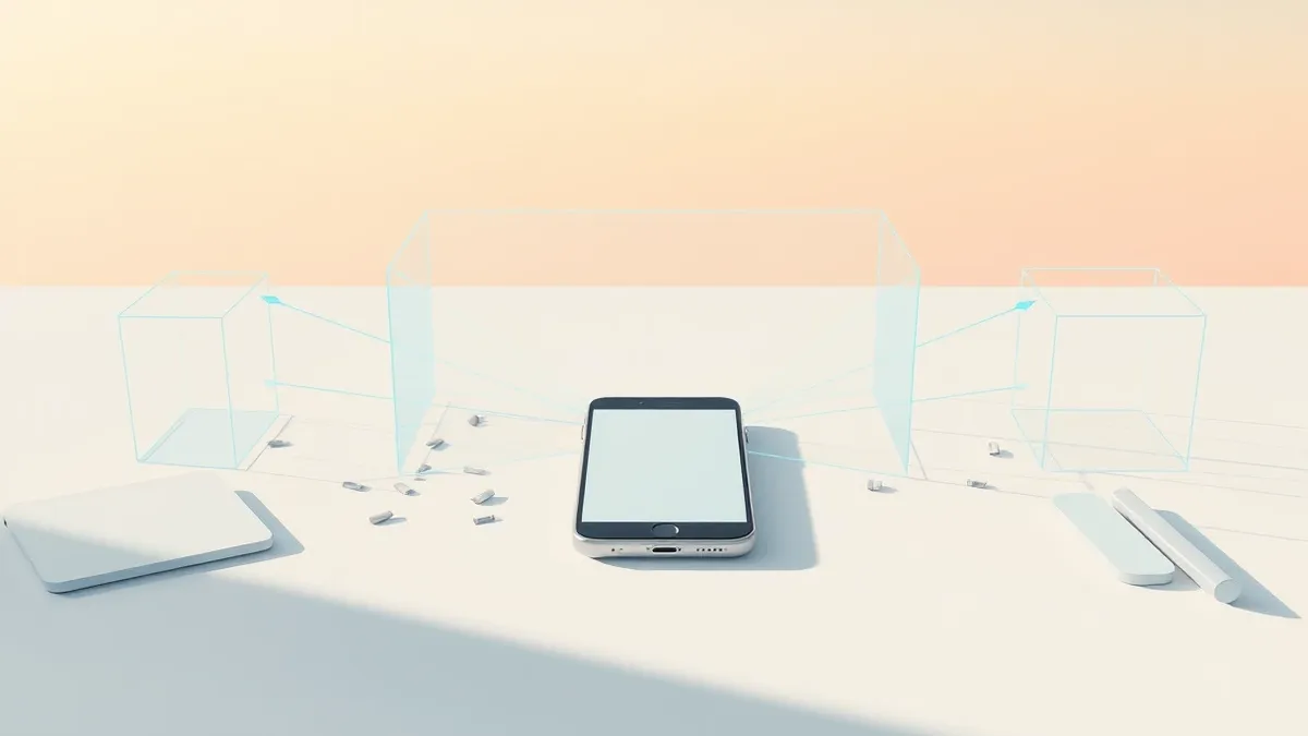 Illustration: A single smartphone rests on a clean desk, surrounded by invisible geometric barriers that gently push away scattered digital fragments.