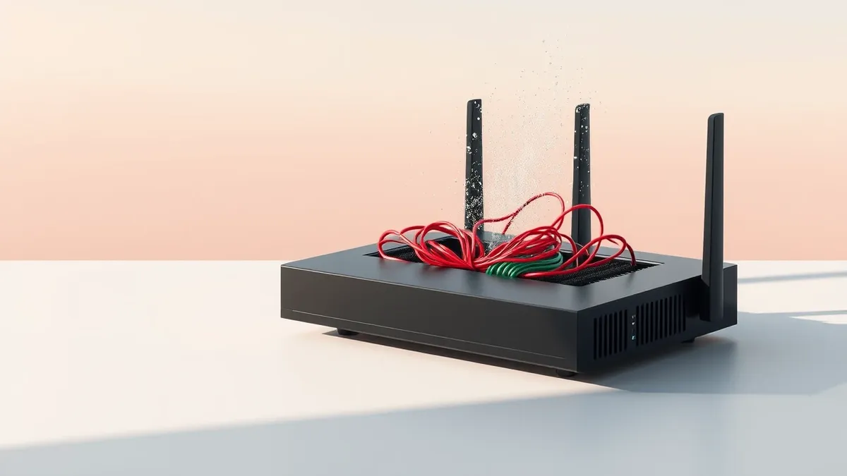 Illustration: A sleek black router sits on a plain white surface with its central panel sliding open to reveal tangled red and green wires inside.
