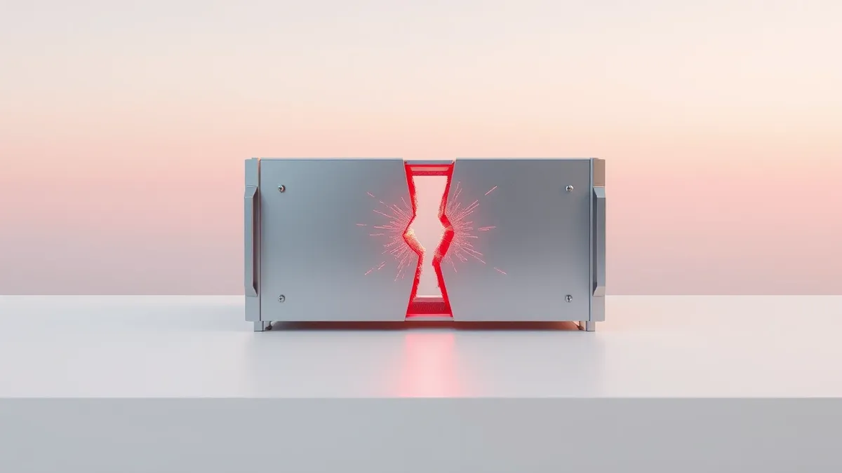 Illustration: A sleek, silver server chassis sits isolated on a clean white table.