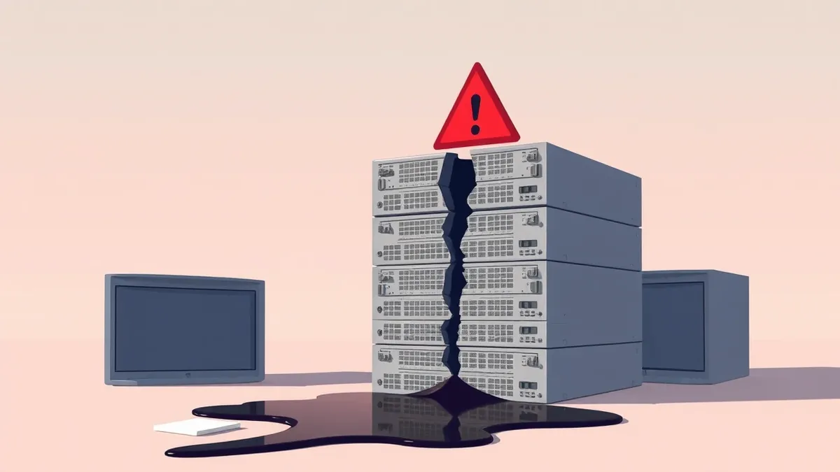 Illustration: A red warning triangle hovers above a stack of gray server boxes representing the Apache Camel framework.