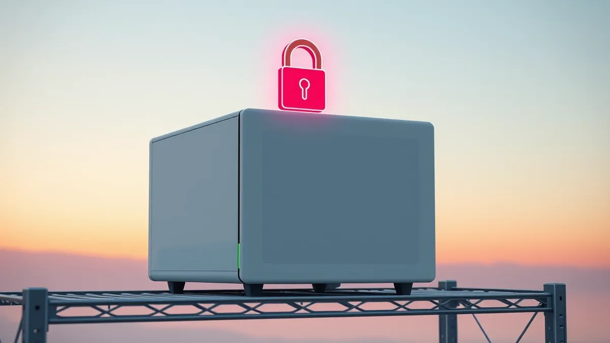 Illustration: A sleek white server box sits on a metal shelf.