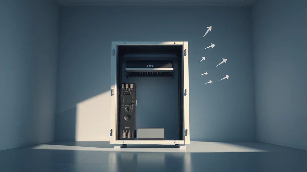 Illustration: A white rack-mounted server sits in a dim room with its front panel open, exposing internal circuit boards.