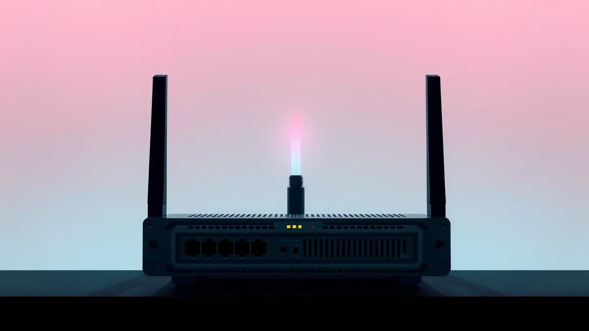 Illustration: A rugged network router sits isolated on a dark surface.