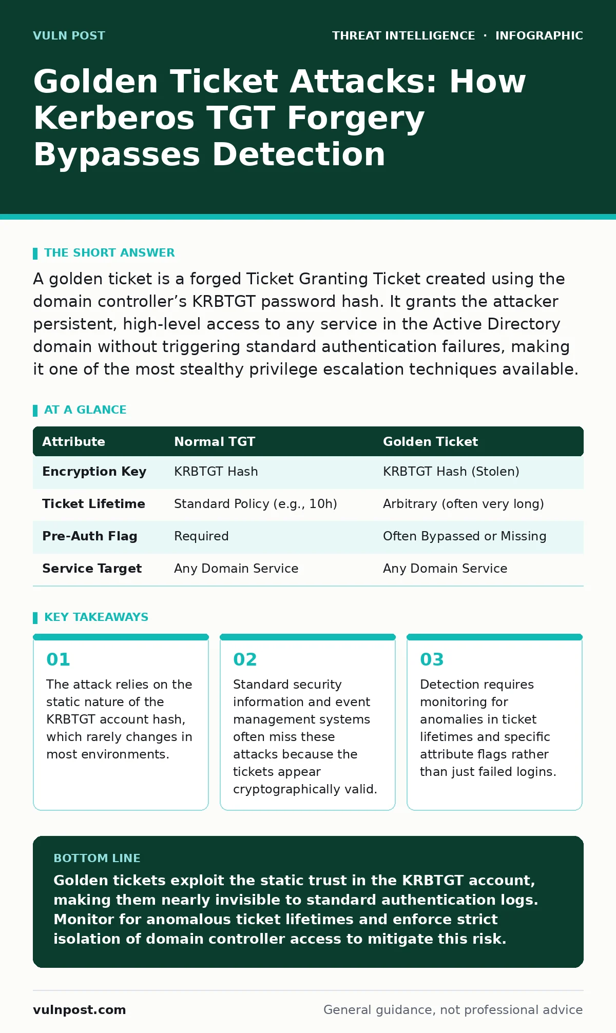 Infographic: Golden Ticket Attacks: How Kerberos TGT Forgery Bypasses Detection. The attack relies on the static nature of the KRBTGT account hash, which rarely changes in most environments. Standard security information and event management systems often miss these attacks because the tickets appea