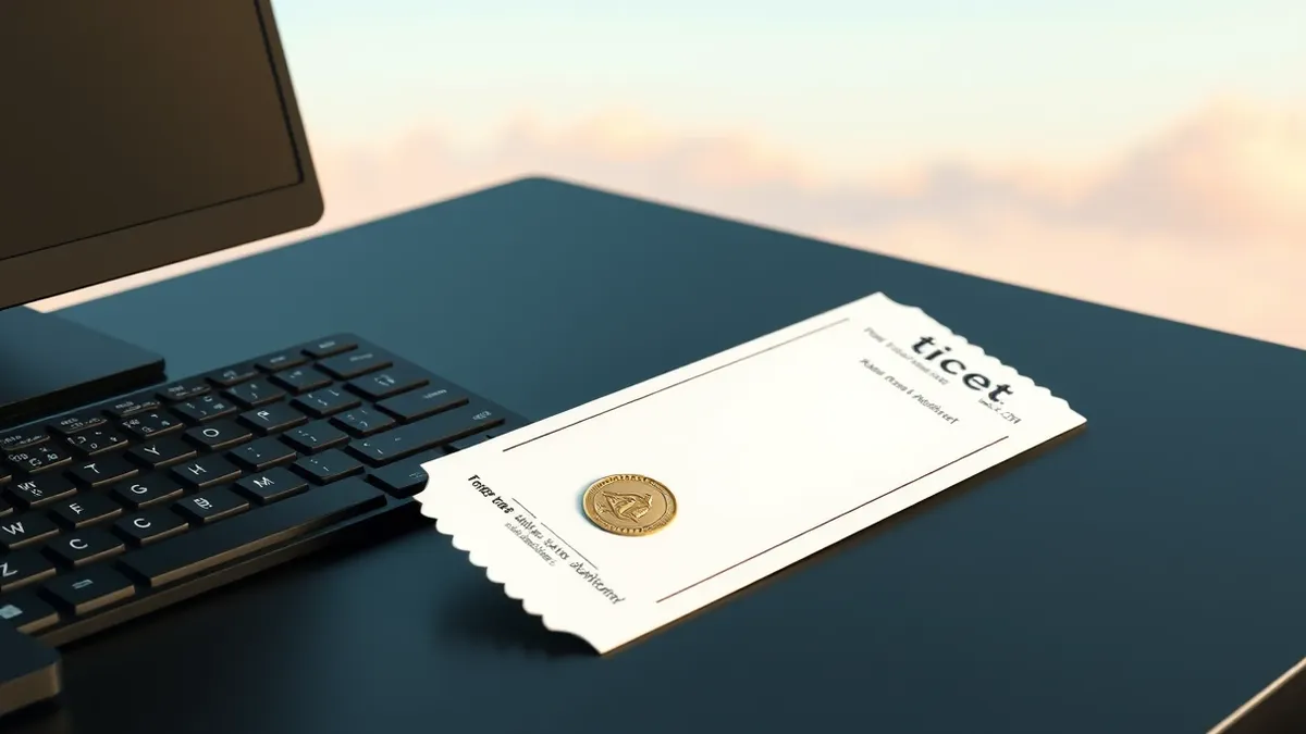 Illustration: A pristine white ticket rests on a dark office desk beside a sleek black keyboard.