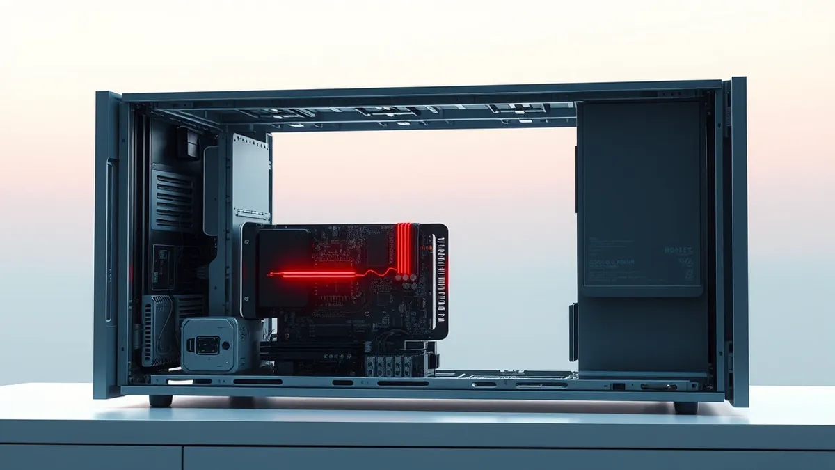 Illustration: A sleek, metallic server chassis sits open on a clean white desk, exposing its internal circuitry.