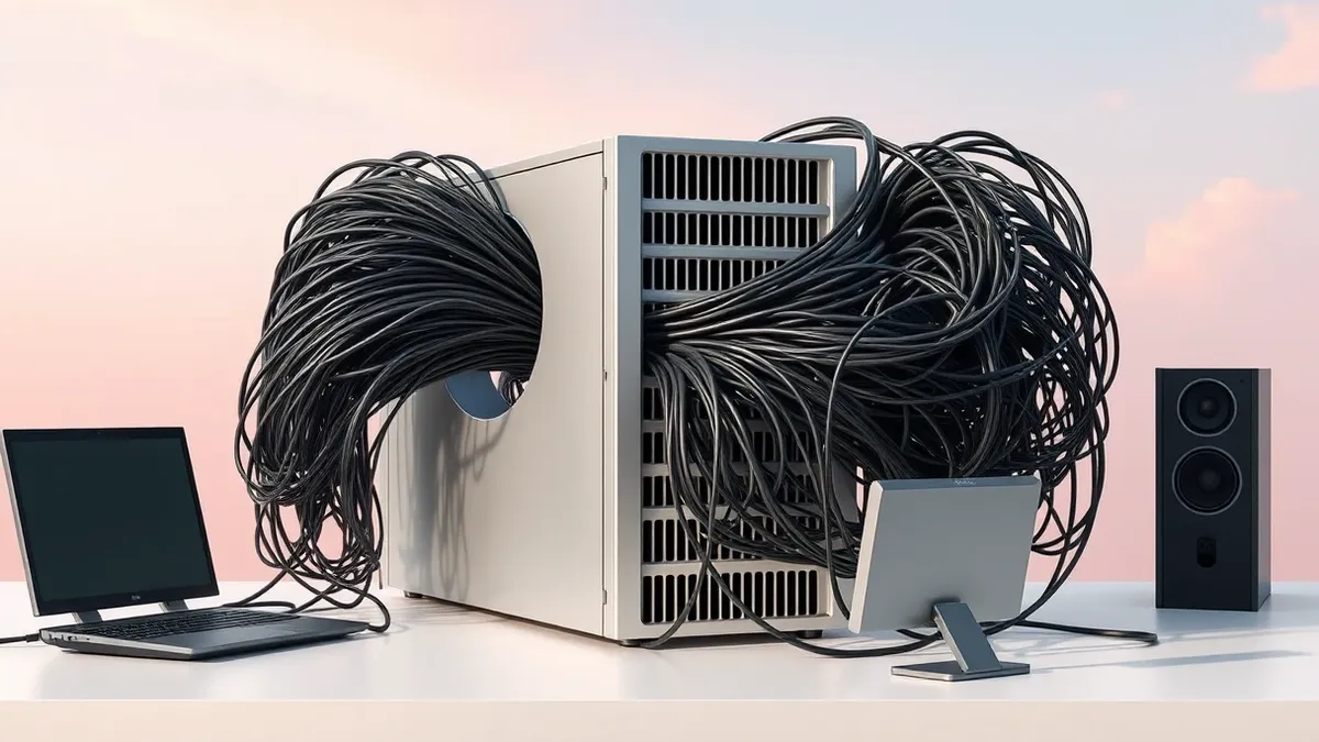 Illustration: A sleek database server sits isolated on a clean desk, its ventilation slots choked with tangled black cables that bulge outward like an overstuffed stomach.