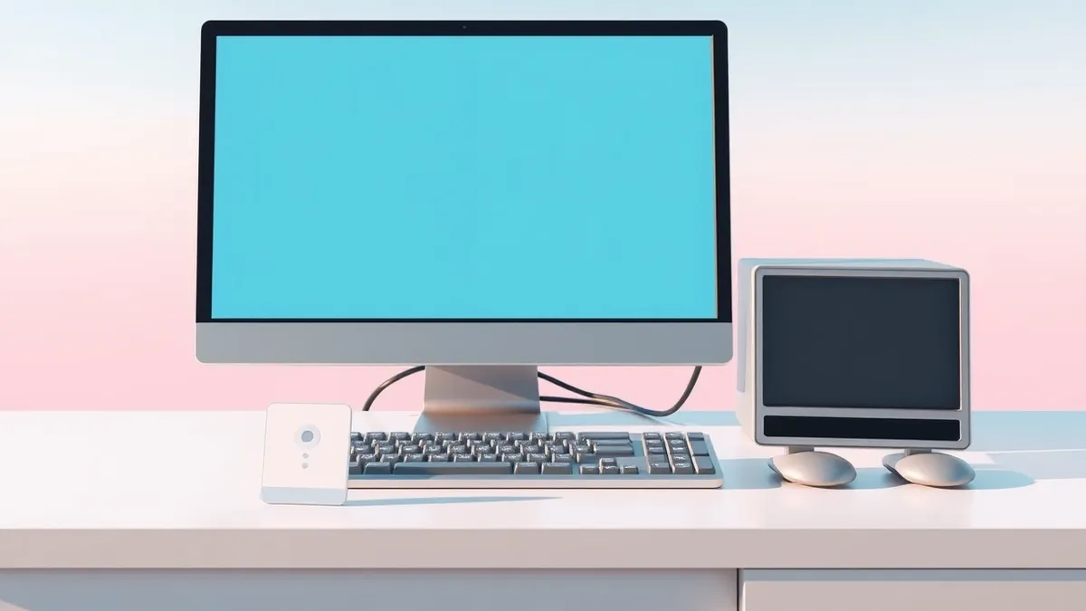 Illustration: A generic desktop computer sits on a clean white surface with its monitor displaying a blank, soft blue screen.
