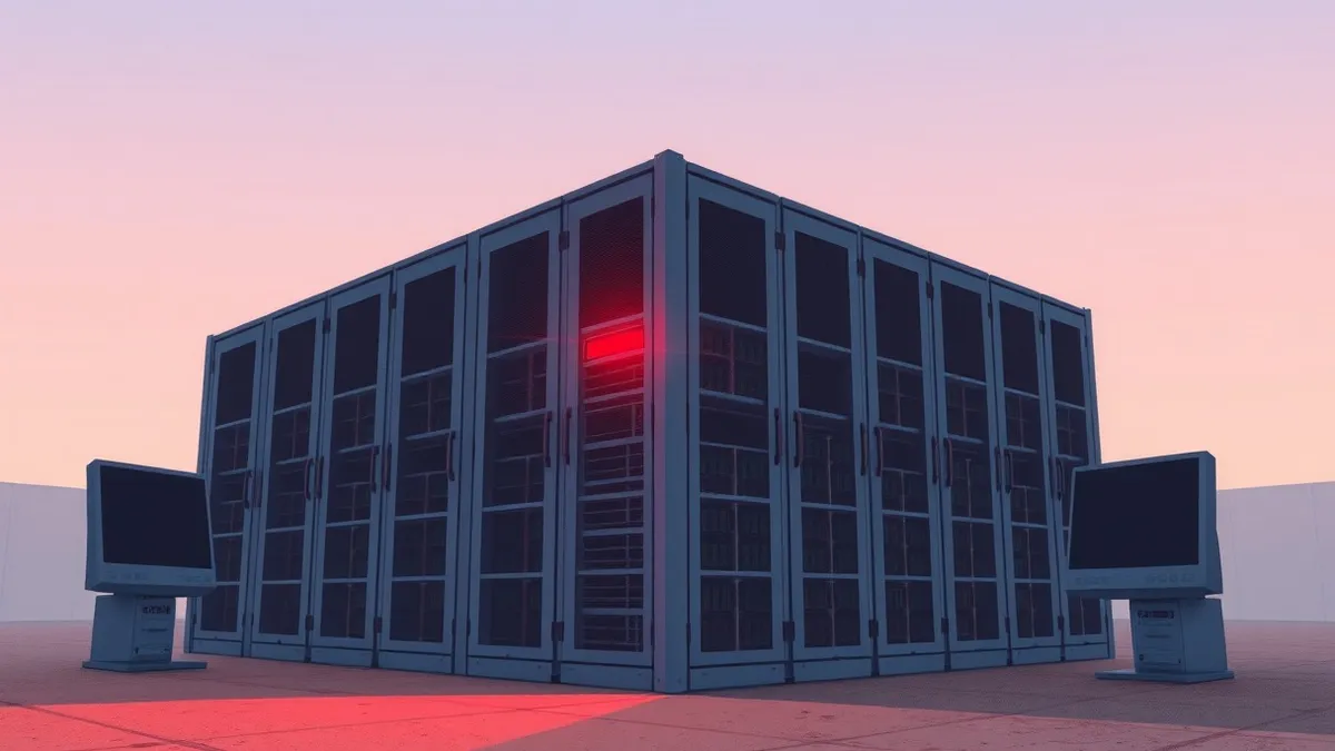 Illustration: A dusty university server room sits in silence, while a single blinking red light pulses on a rack-mounted storage unit, suggesting hidden remote commands and dormant