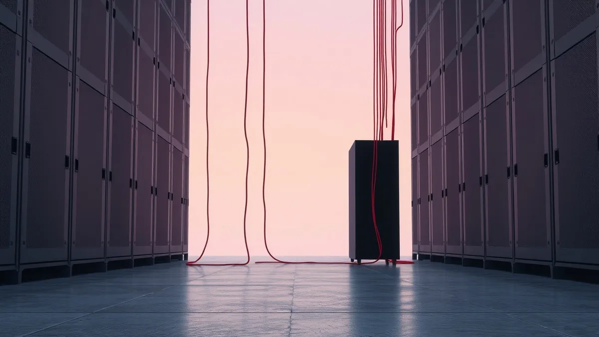 Illustration: A dark server room shows a single black tower standing alone while red cables dangle loosely from its back panel.