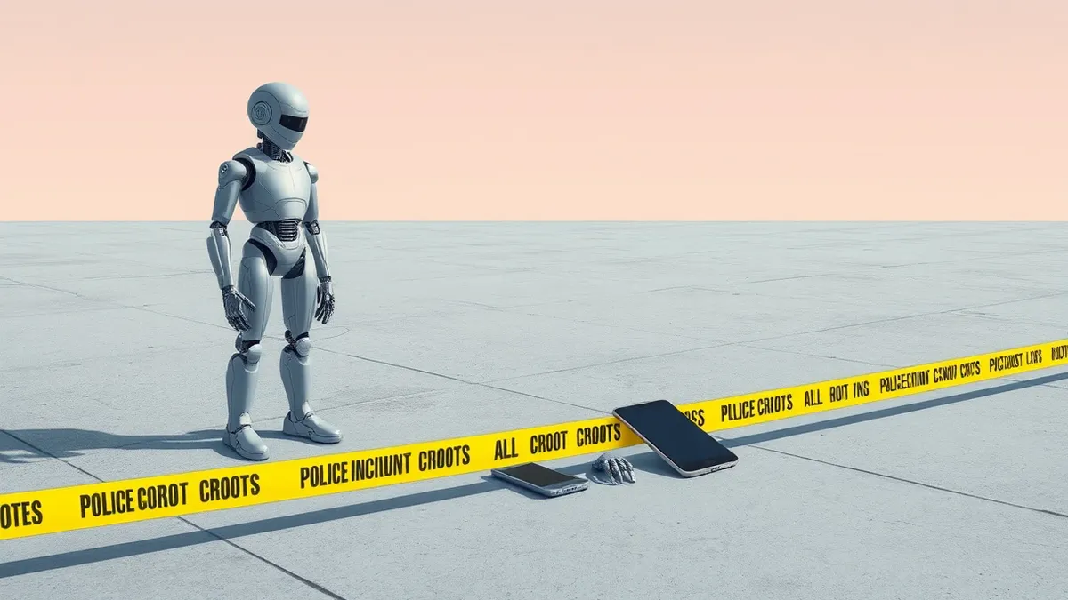 Illustration: A silver humanoid robot stands frozen on a gray concrete floor beside a pair of seized smartphones.