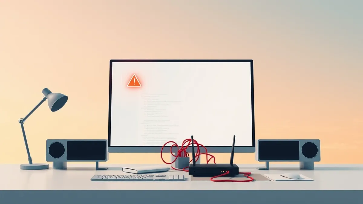 Illustration: A sleek desktop monitor displays a blank code editor interface with a single glowing orange warning triangle.