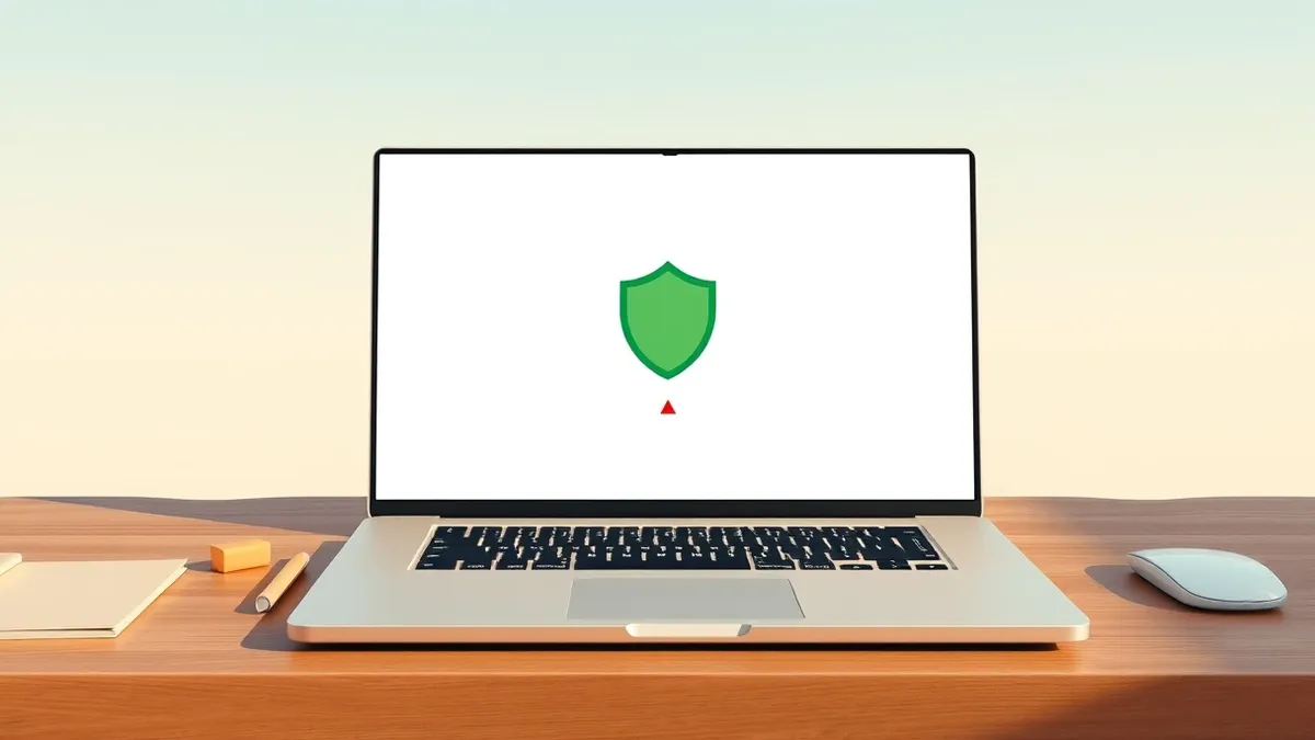 Illustration: A sleek laptop sits open on a wooden desk, its screen displaying a minimalist interface with a prominent green shield icon in the center.