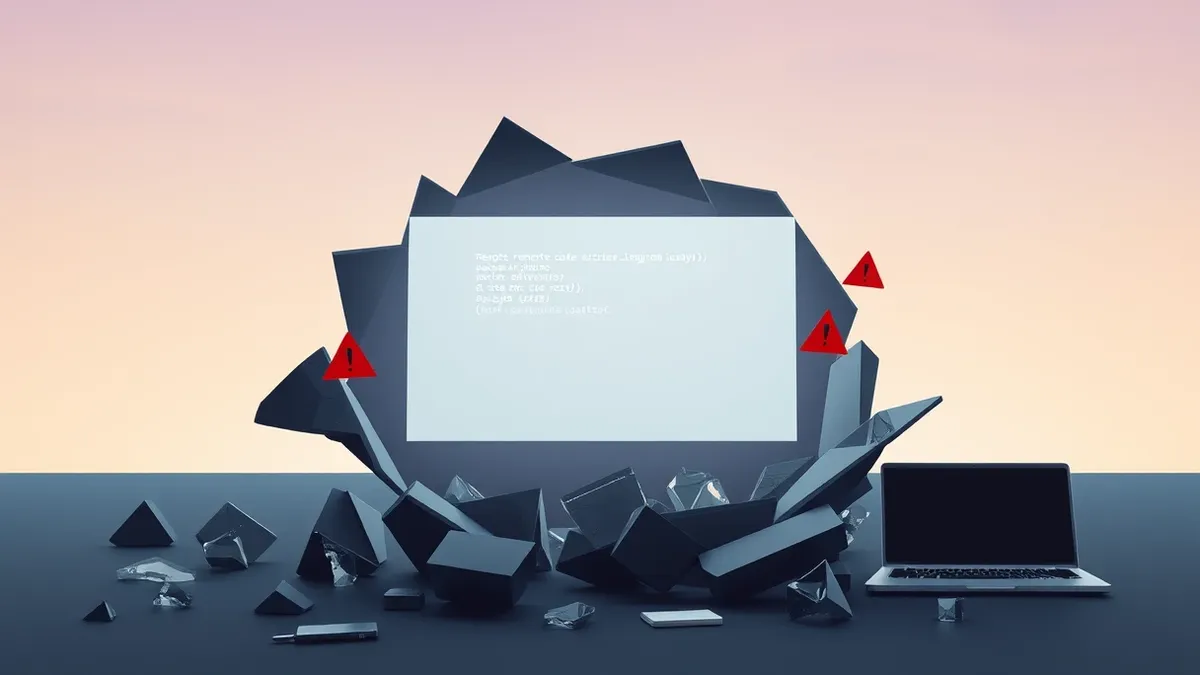 Illustration: A stark white command line prompt floats in dark void space, surrounded by fractured glass shards.