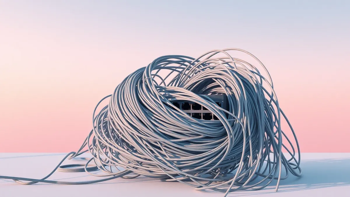 Illustration: A tangled nest of thin grey cables coils tightly around a small network switch, constricting its ports completely.