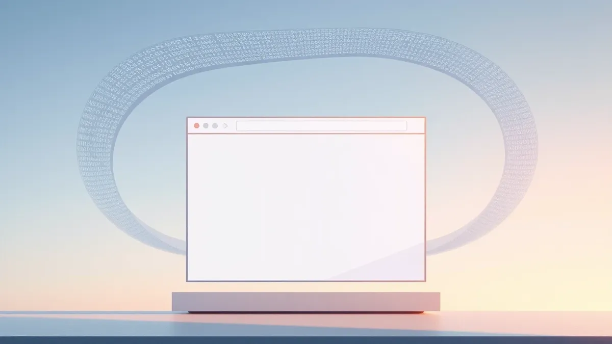 Illustration: A web browser window displays a clean interface with abstract geometric shapes, while translucent layers of code-like patterns wrap around the edges of the screen.