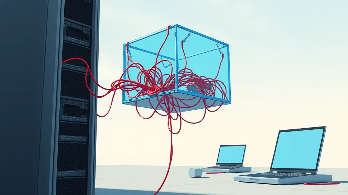 Illustration: A translucent blue container floats in midair, its glass walls cracked to reveal tangled red wires spilling outward and connecting directly into a sturdy grey server