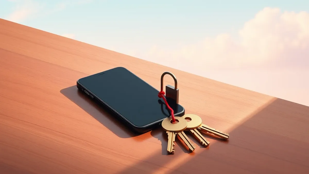 Illustration: A sleek black smartphone rests on a polished wooden desk next to a set of brass keys.