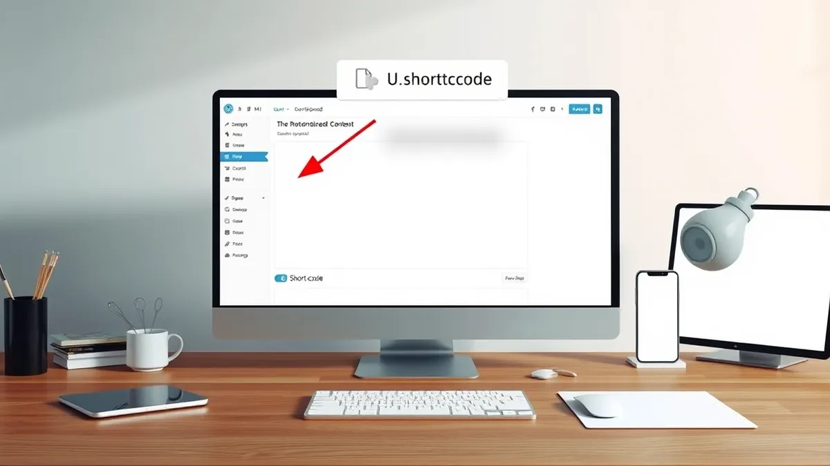 Illustration: A white WordPress dashboard interface with a blank content area sits on a wooden desk.