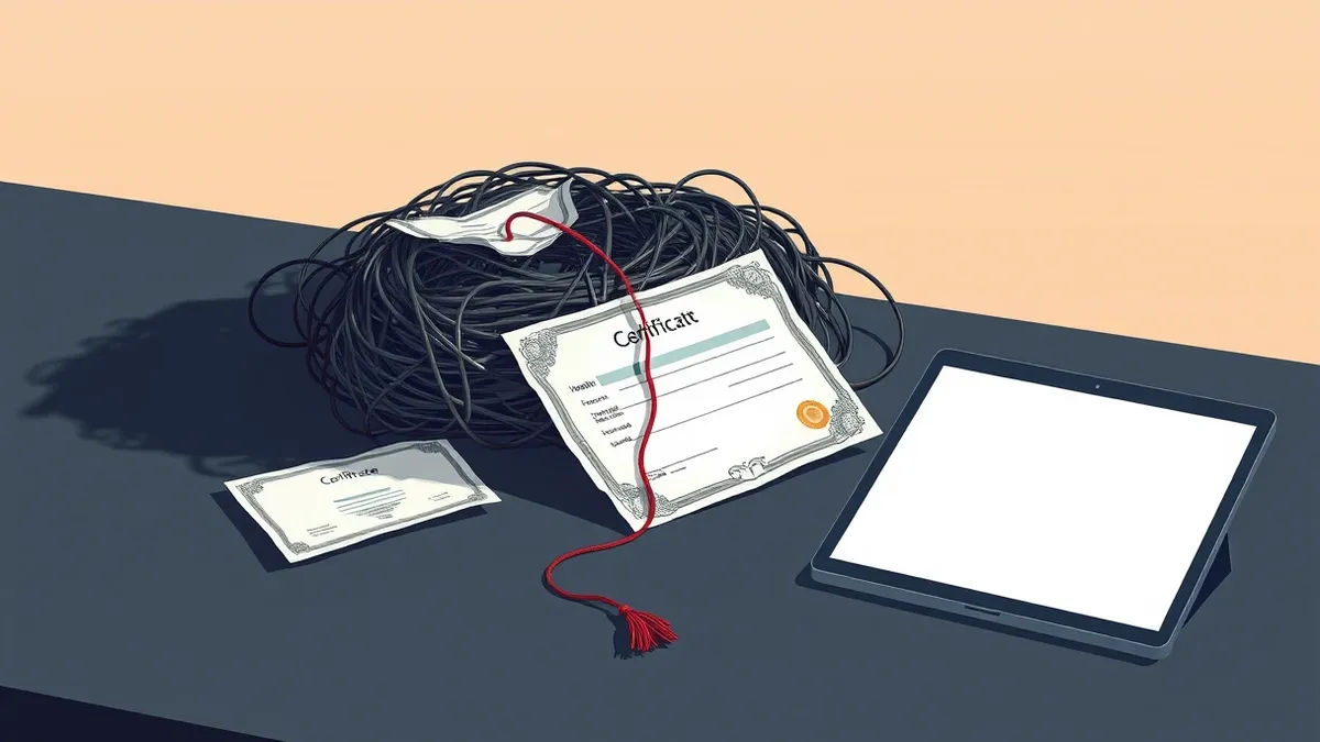 Illustration: A tangled nest of digital certificates lies on a dark surface, one certificate frayed and unraveling at the edges.