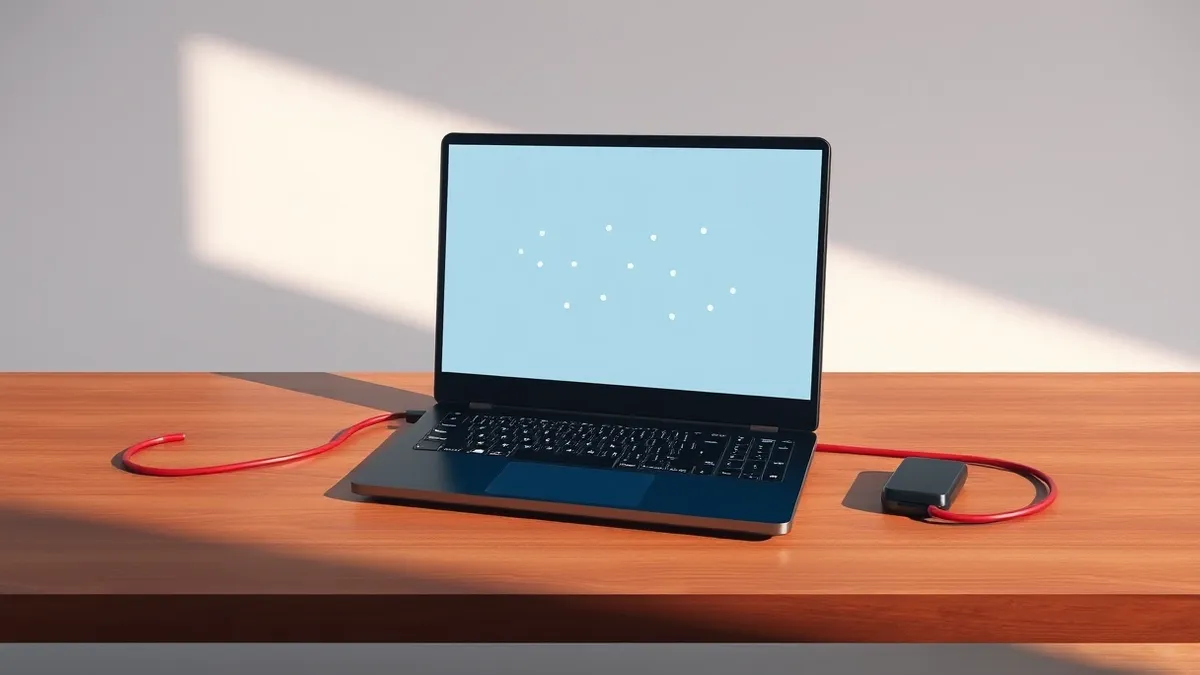 Illustration: A sleek black laptop sits open on a polished wooden desk, its screen displaying a clean, abstract grid of soft blue nodes.