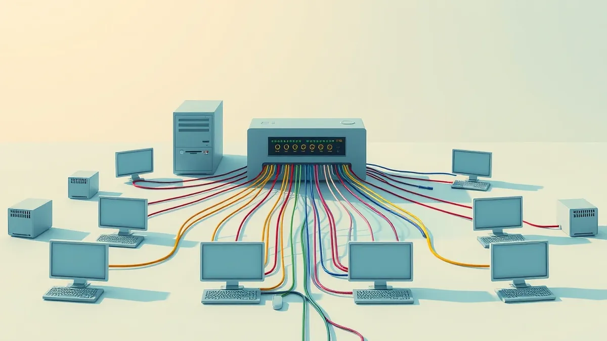 Illustration: A central control hub connects to multiple distinct workstations via color-coded cables.