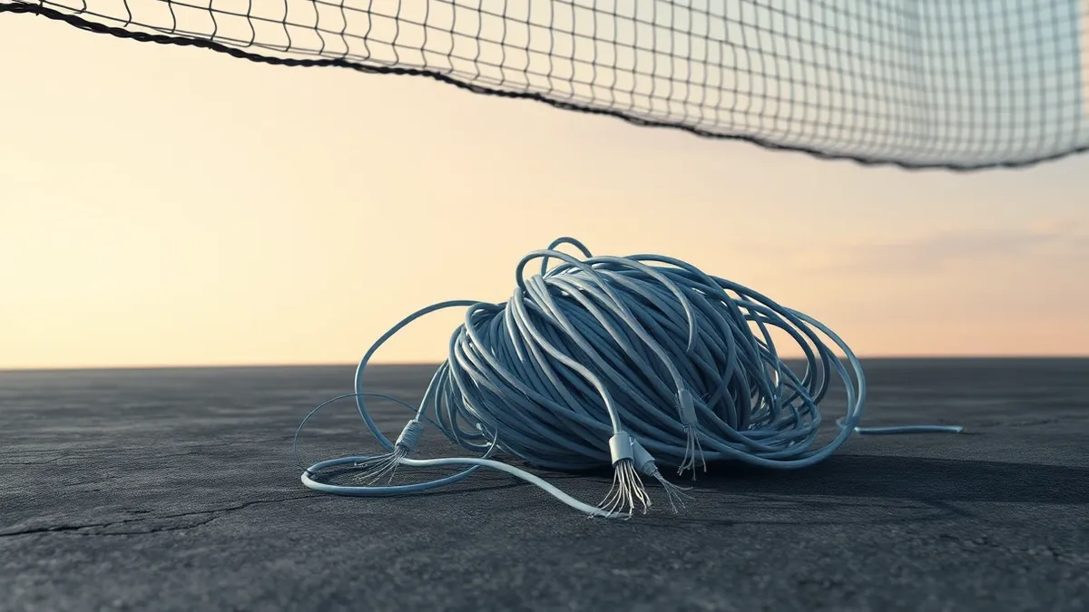 Illustration: A tangled knot of fiber optic cables lies on a dark concrete floor, with several strands slipping through the tight loops of a security mesh to escape containment.