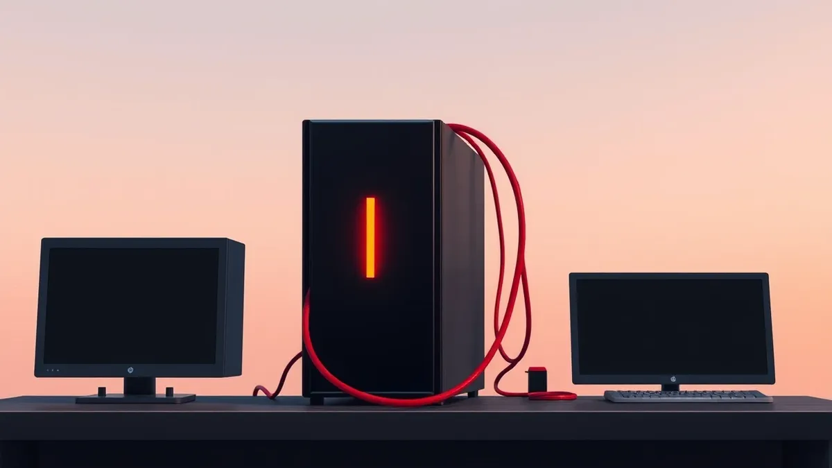 Illustration: A sleek black server tower sits on a dark desk, its front panel displaying a single amber warning light.