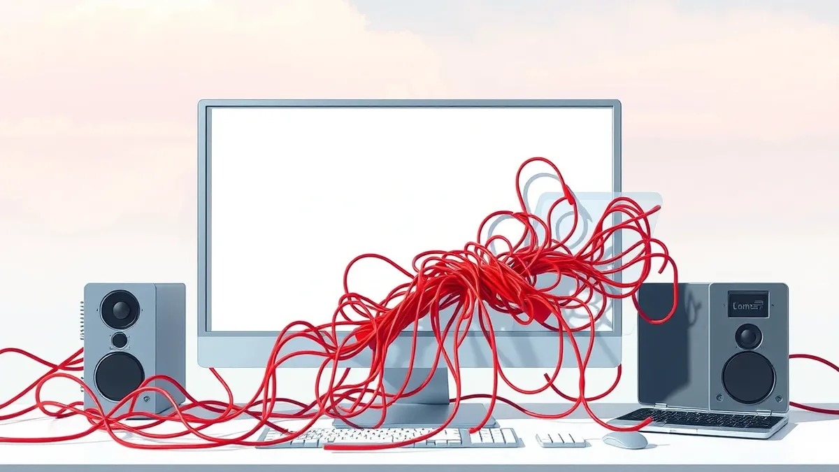 Illustration: A blank computer monitor displays chaotic, tangled red wires spilling from its frame.
