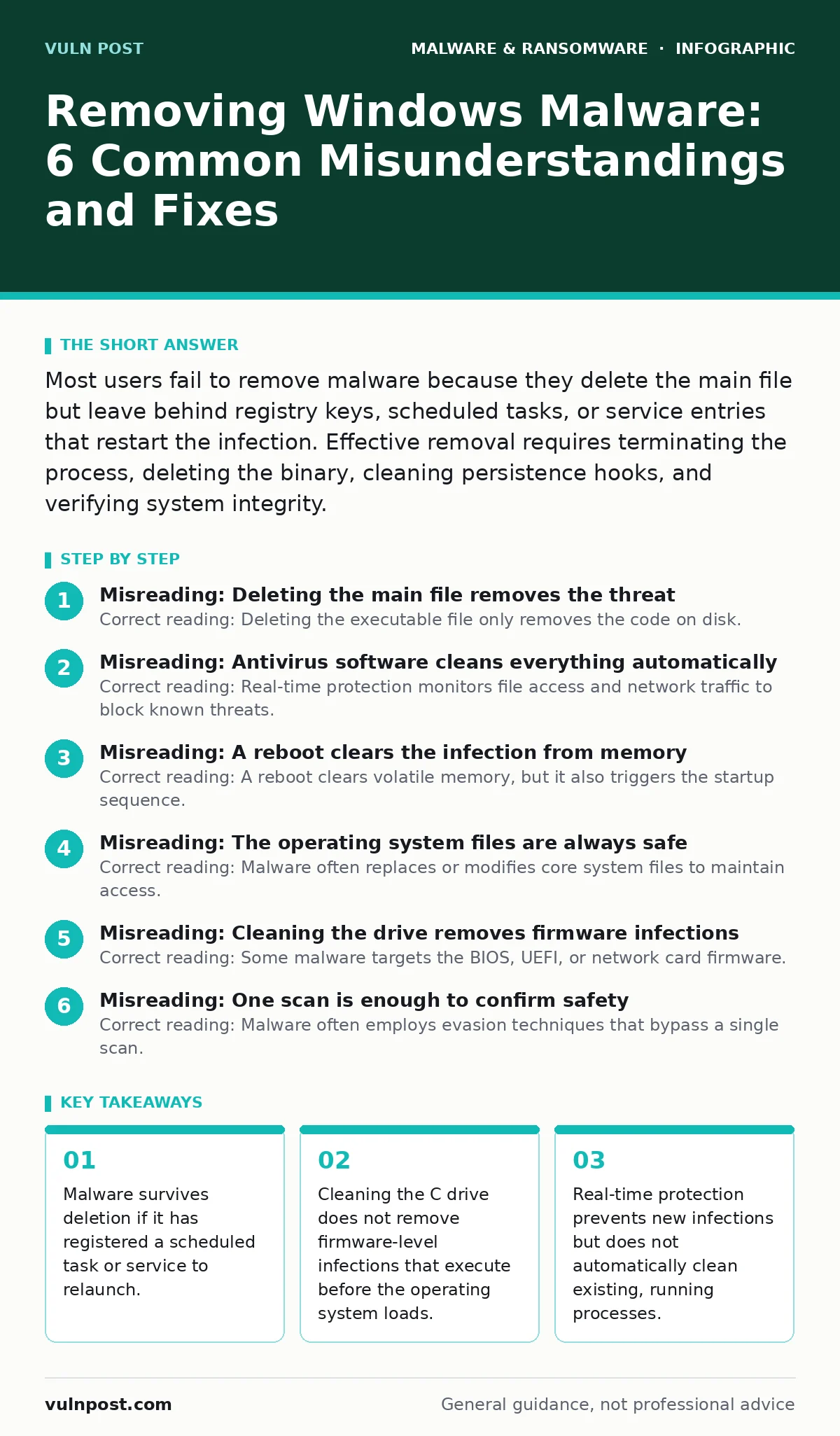 Infographic: Removing Windows Malware: 6 Common Misunderstandings and Fixes. Malware survives deletion if it has registered a scheduled task or service to relaunch. Cleaning the C drive does not remove firmware-level infections that execute before the operating system loads. Real-time protection pre