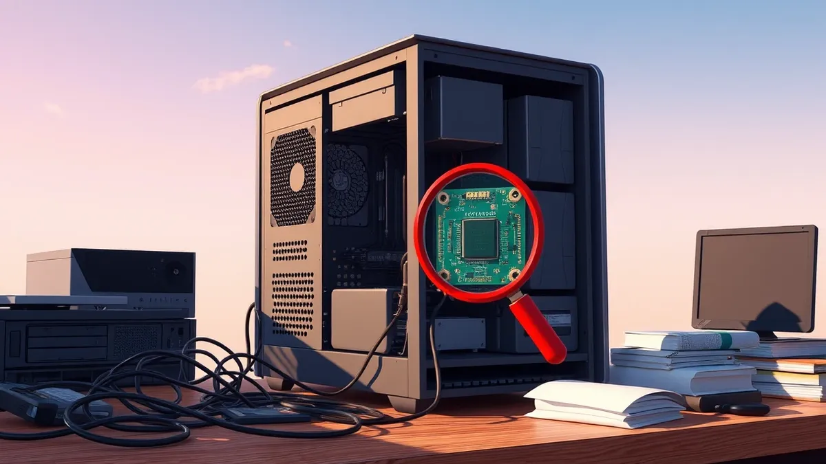 Illustration: A desktop computer sits on a cluttered wooden desk with its side panel removed to reveal the internal motherboard and cables.