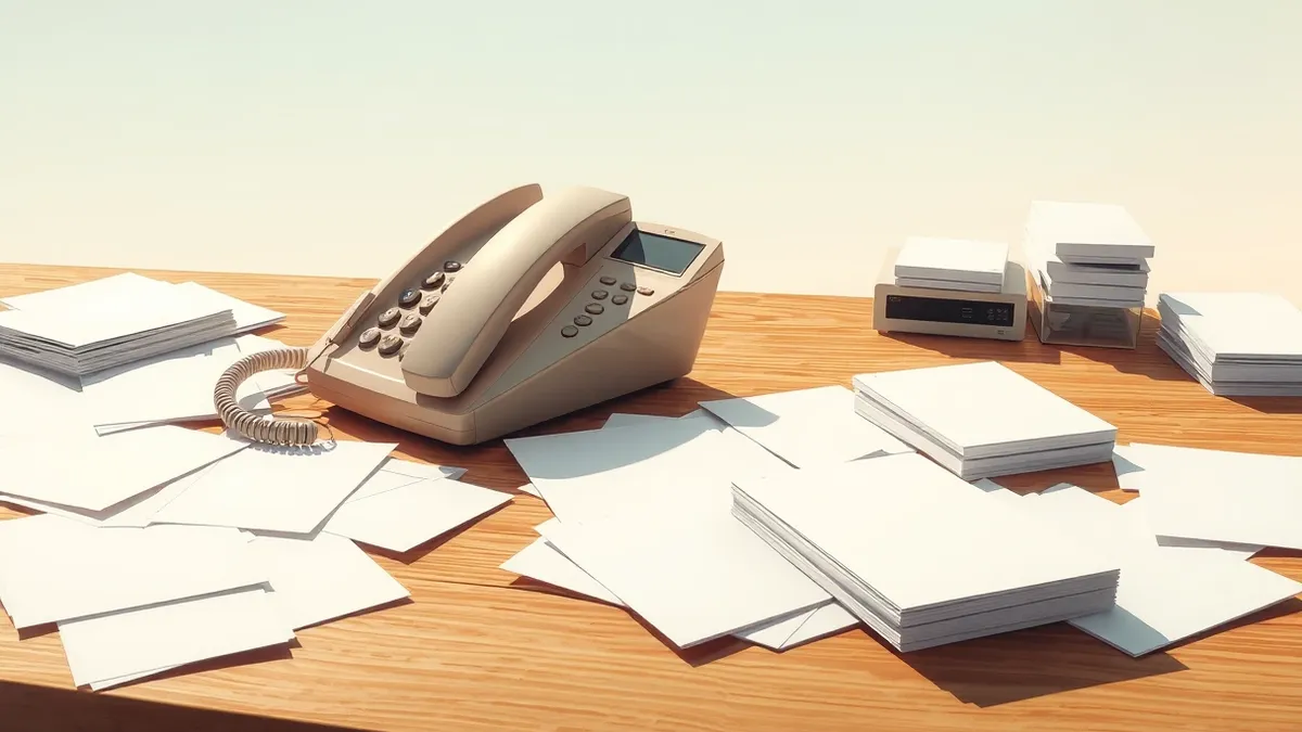 Illustration: A beige office telephone sits on a cluttered desk next to a stack of plain white index cards.