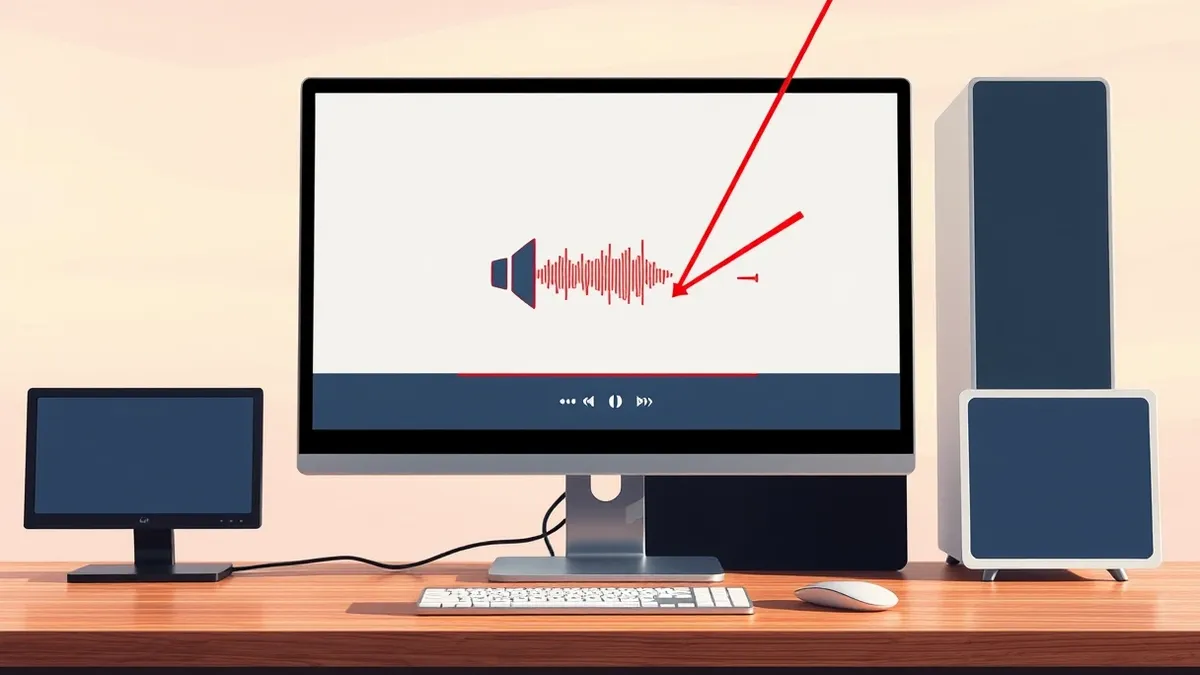 Illustration: A sleek desktop computer sits on a wooden desk, its screen displaying a blank media player interface with a simple waveform graphic.