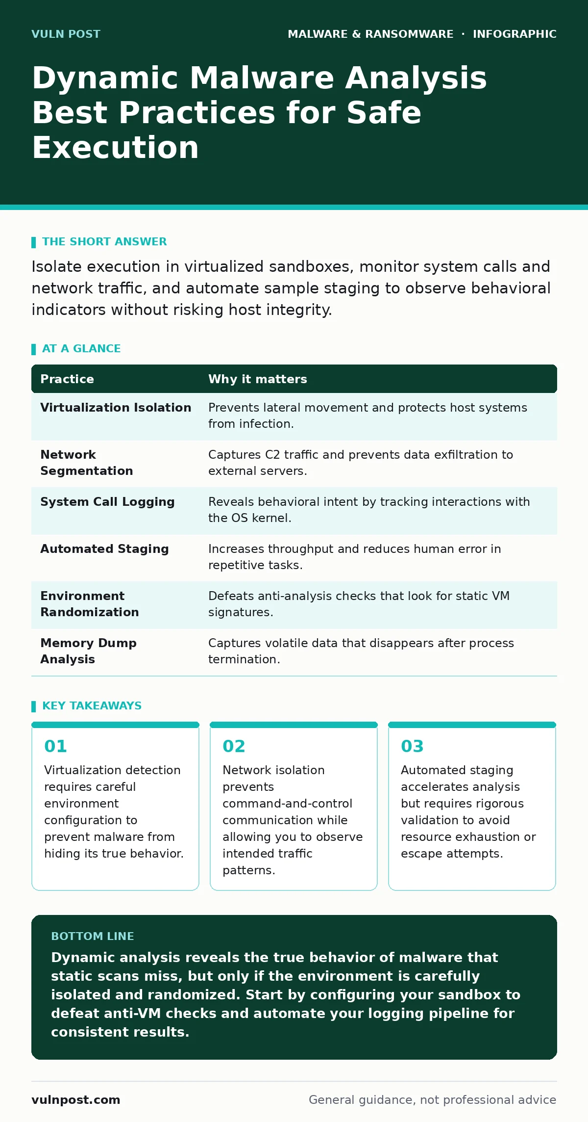 Infographic: Dynamic Malware Analysis Best Practices for Safe Execution. Virtualization detection requires careful environment configuration to prevent malware from hiding its true behavior. Network isolation prevents command-and-control communication while allowing you to observe intended traffic p