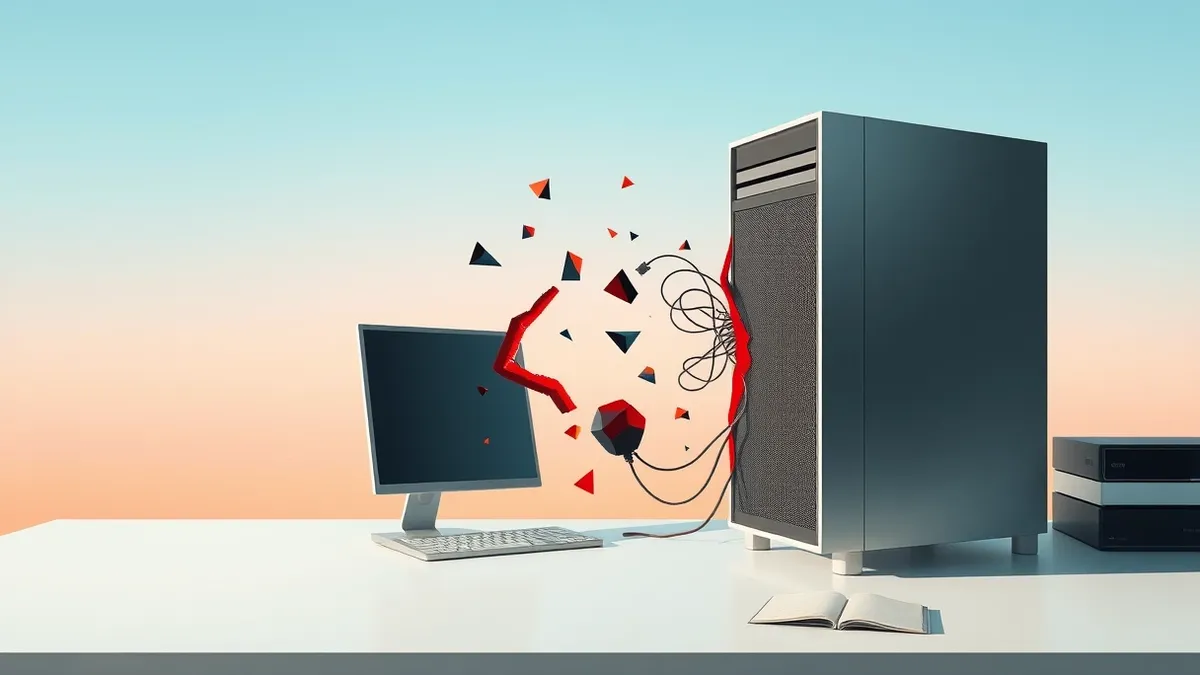 Illustration: A sleek, metallic database server tower sits on a clean white desk with a jagged red crack splitting its front panel.