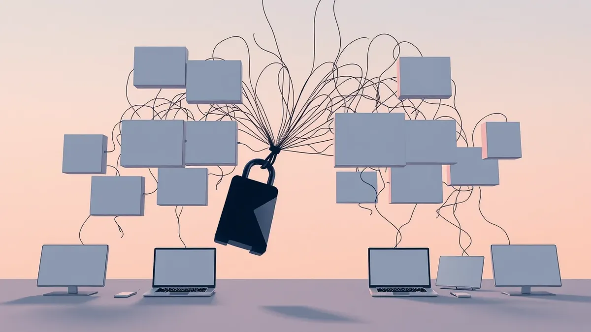 Illustration: A tangled web of digital threads connects blank, floating rectangular tiles, representing software packages.