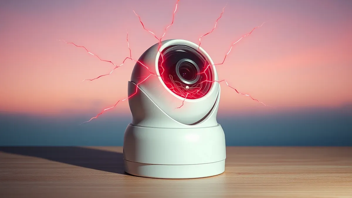 Illustration: A compact white dome security camera sits on a wooden surface.