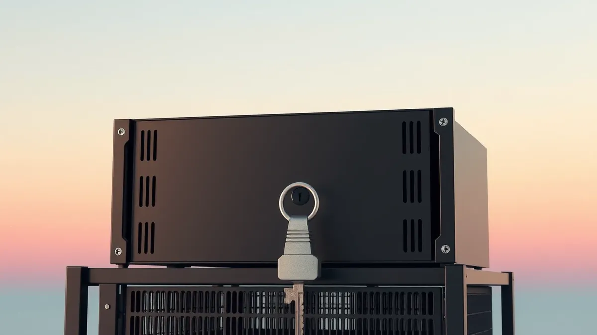 Illustration: A black server appliance sits on a metal rack with a blank front panel and a small keyhole.