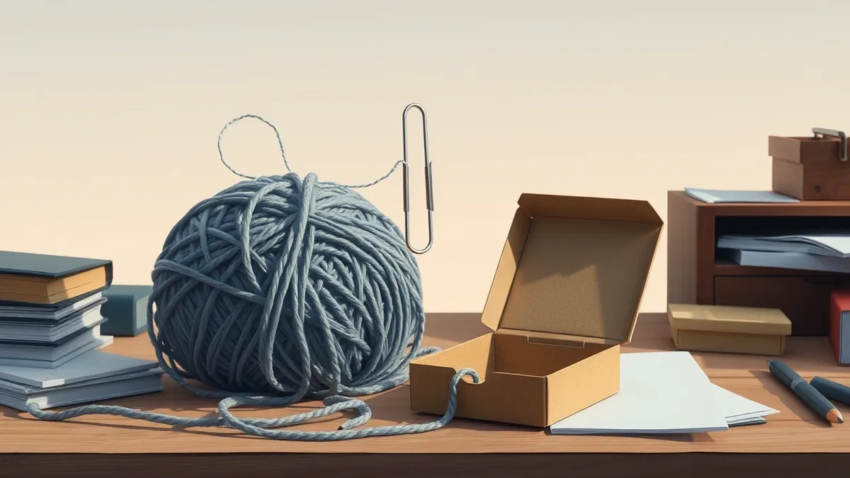 Illustration: A tangled ball of gray yarn sits on a cluttered wooden desk next to a small, open cardboard patch box.