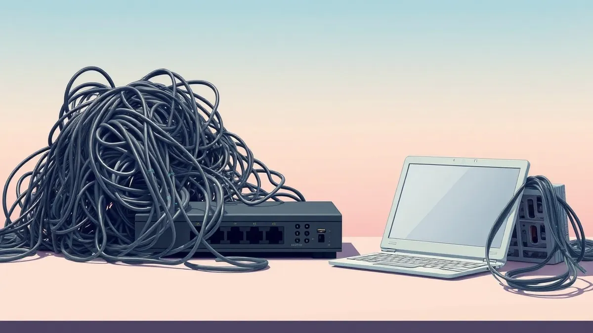Illustration: A tangled mess of tangled Ethernet cables connects to a dusty router.
