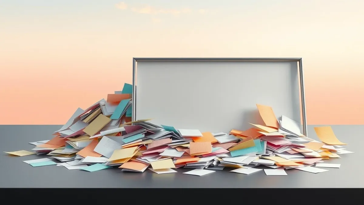Illustration: A chaotic pile of unsorted, colorful paper slips lies scattered across a desk surface.